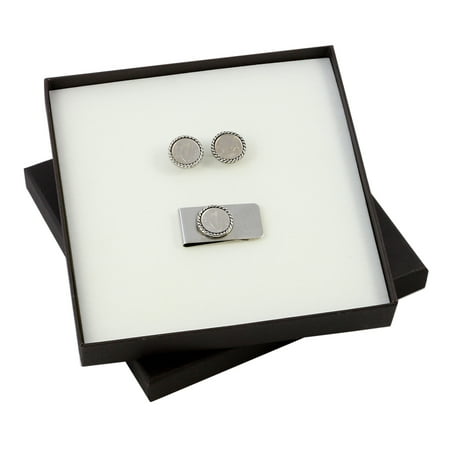 Irish 5 Pence Silver Tone Rope Coin Cuff Links and Coin Money Clip Boxed Gift Set