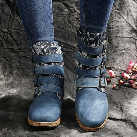 

Aueoeo Womens Boots Fall Boots Vintage Red Boots Large Printed European And American Style Leather Boots Chunky Boots For Women
