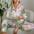 thumbnail image 6 of Pajama Sets for Women 2 Pcs, Lilies Flowers Green Pink Button Down Long Sleeve Sleepwear Lounge PJ Sets, 6 of 6