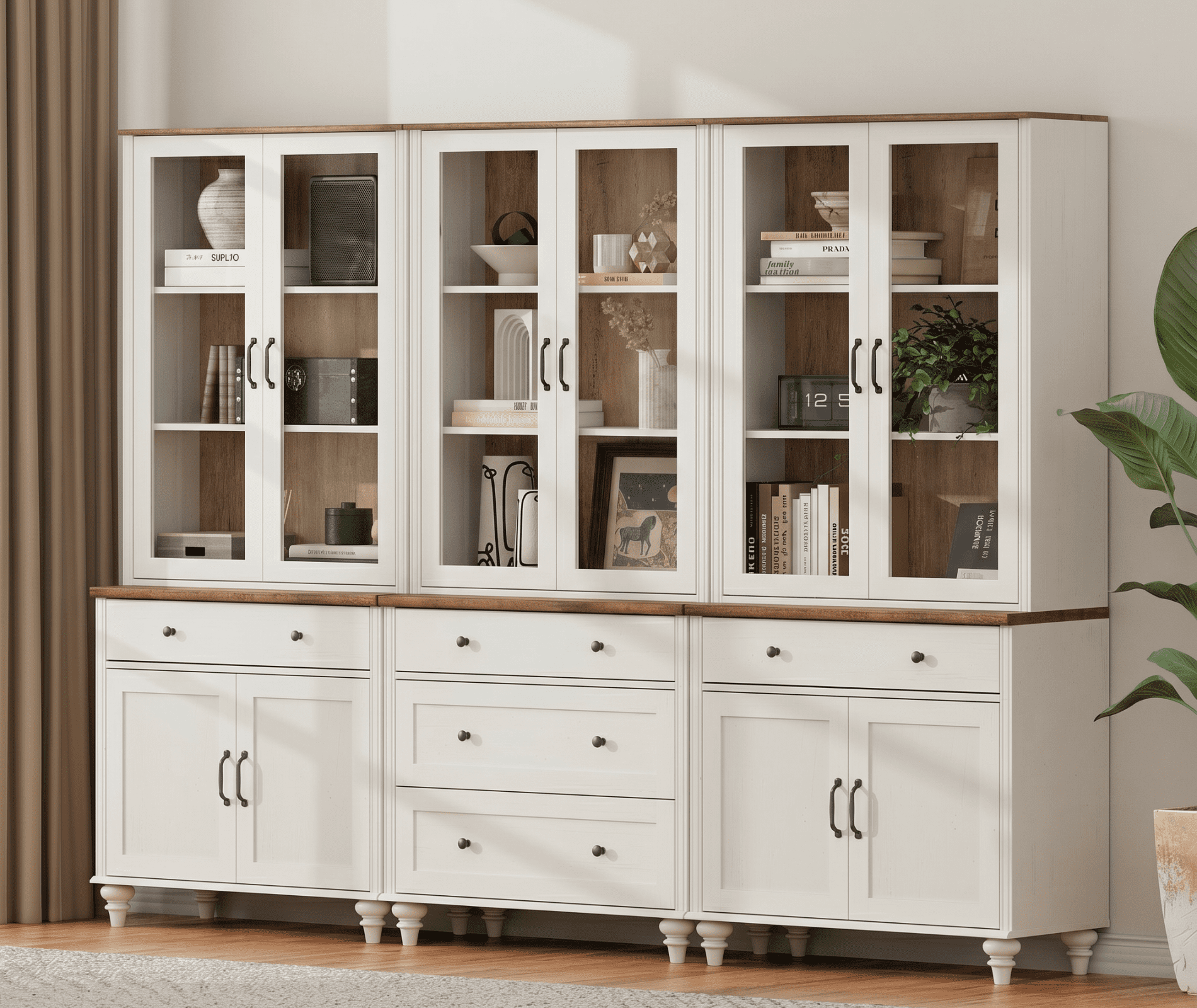 White 5-Tier Bookcase with Glass Doors, Large Bookshelf with Ample Storage Cabinet, Farmhouse Library Wooden Bookshelves for Living Room, Office, Kitchen