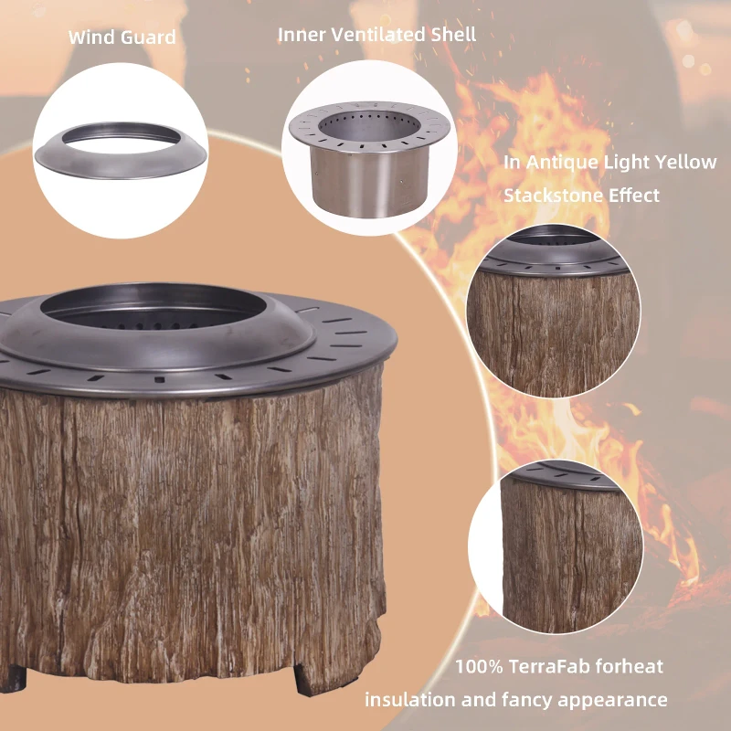 Afterglow Smokeless Fire Pit, 20.5" Round Wood Burning Stainless Steel Top and TerraFab Material Base,Firepit with Weather Cover Perfect for Outdoor Patio Garden, Woodgrain Brown