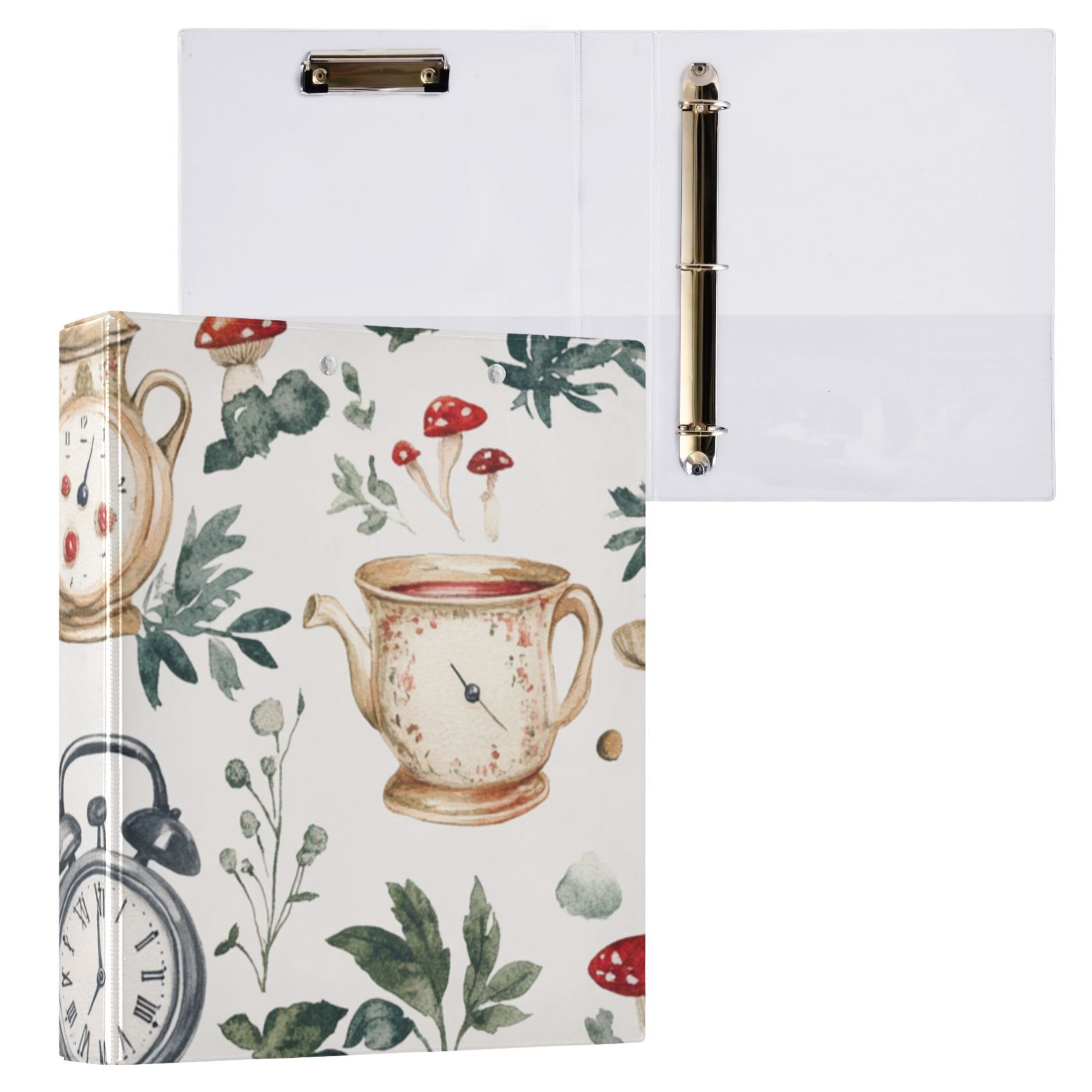 Mushroom Clock Cups 3 Ring Binders 1.5 inch Hardcover File Folders with Interior Pockets A4 Size Organizer for School Office Hospital