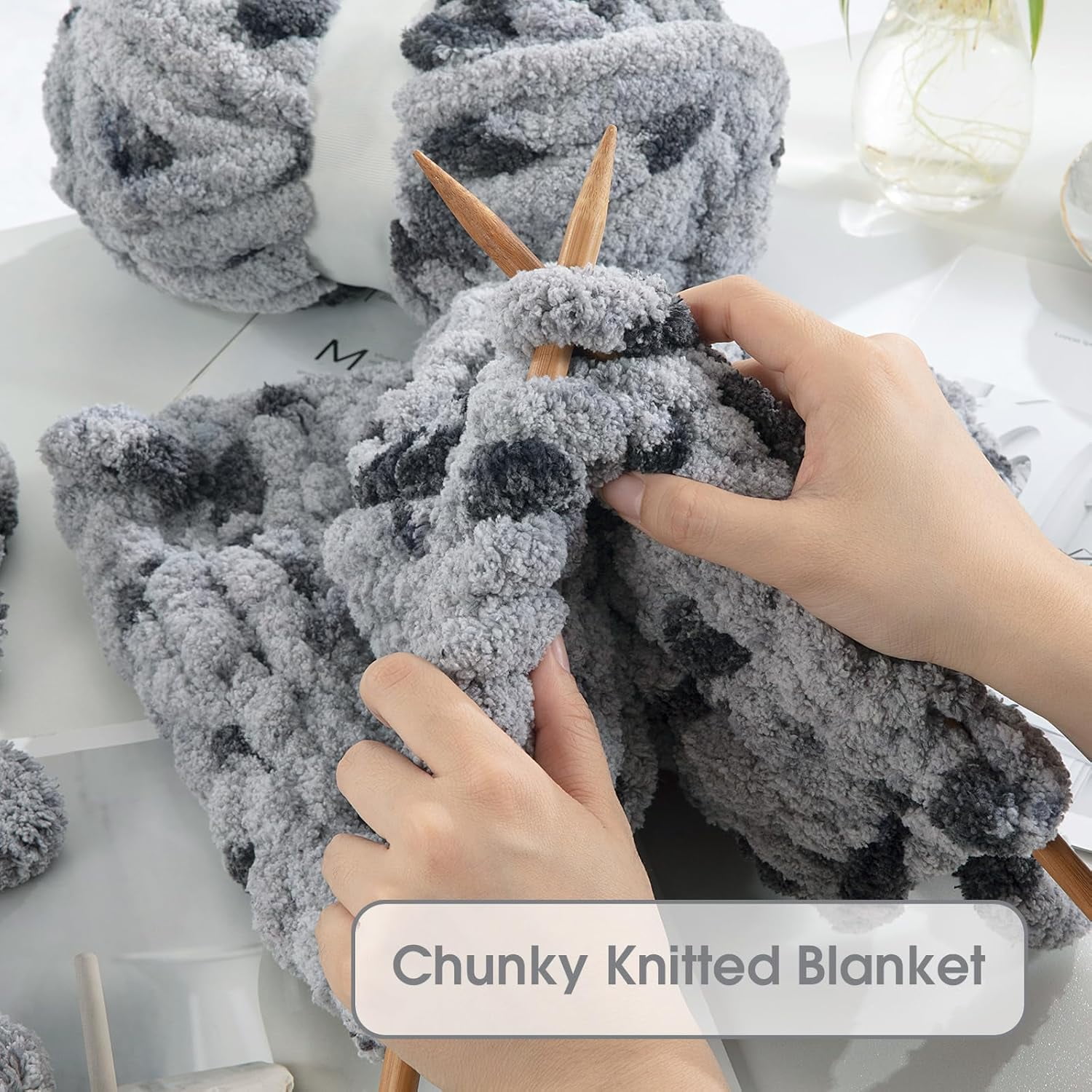 Super Bulky Giant Yarn - Chunky Chenille for Hand & Arm Knitting, Crocheting - Fluffy Plus Thick Yarn - 8 Jumbo Skeins, Grey (29 yds, 7.5 oz Each)