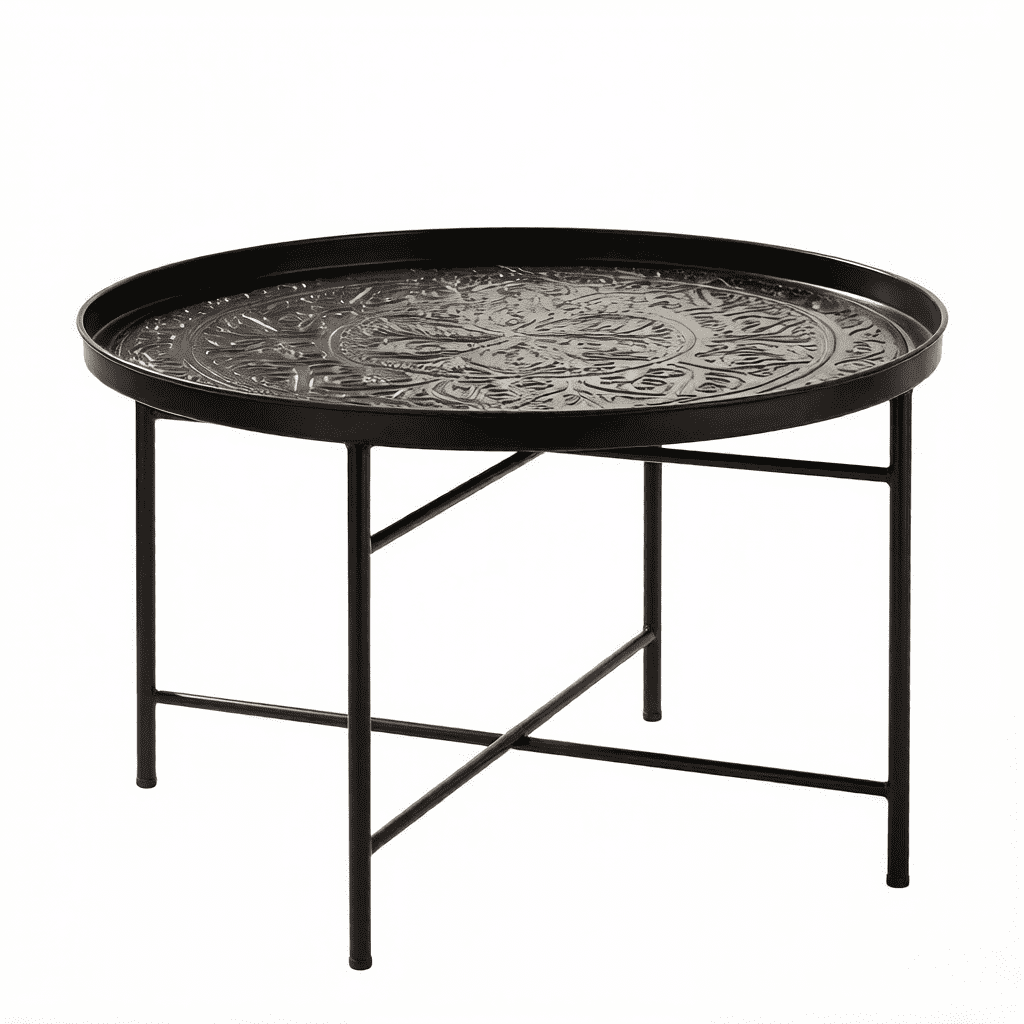 Hand Hammered Floral Round Metal Coffee Table Dia.24", Brushed Finish Tray Top Side Tea Table with Adjustable Foot Pads for Living Room Bedroom