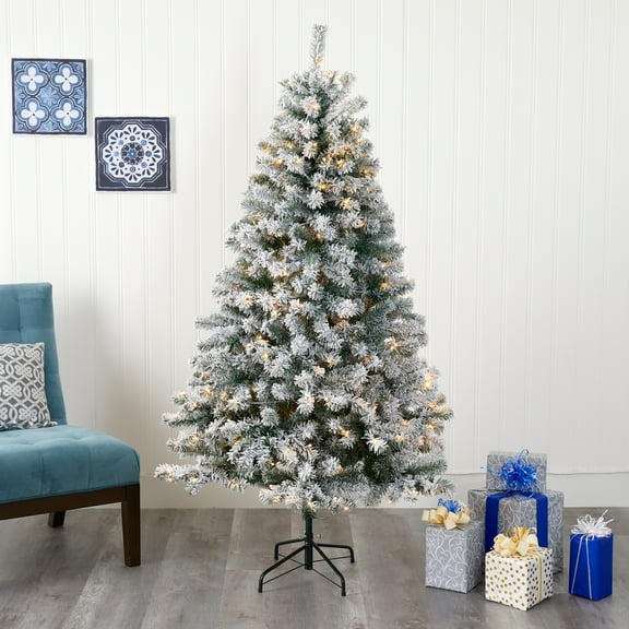 Nearly Natural 6' Green Flocked Spruce Artificial Christmas Tree Prelit 250 Clear LED Lights