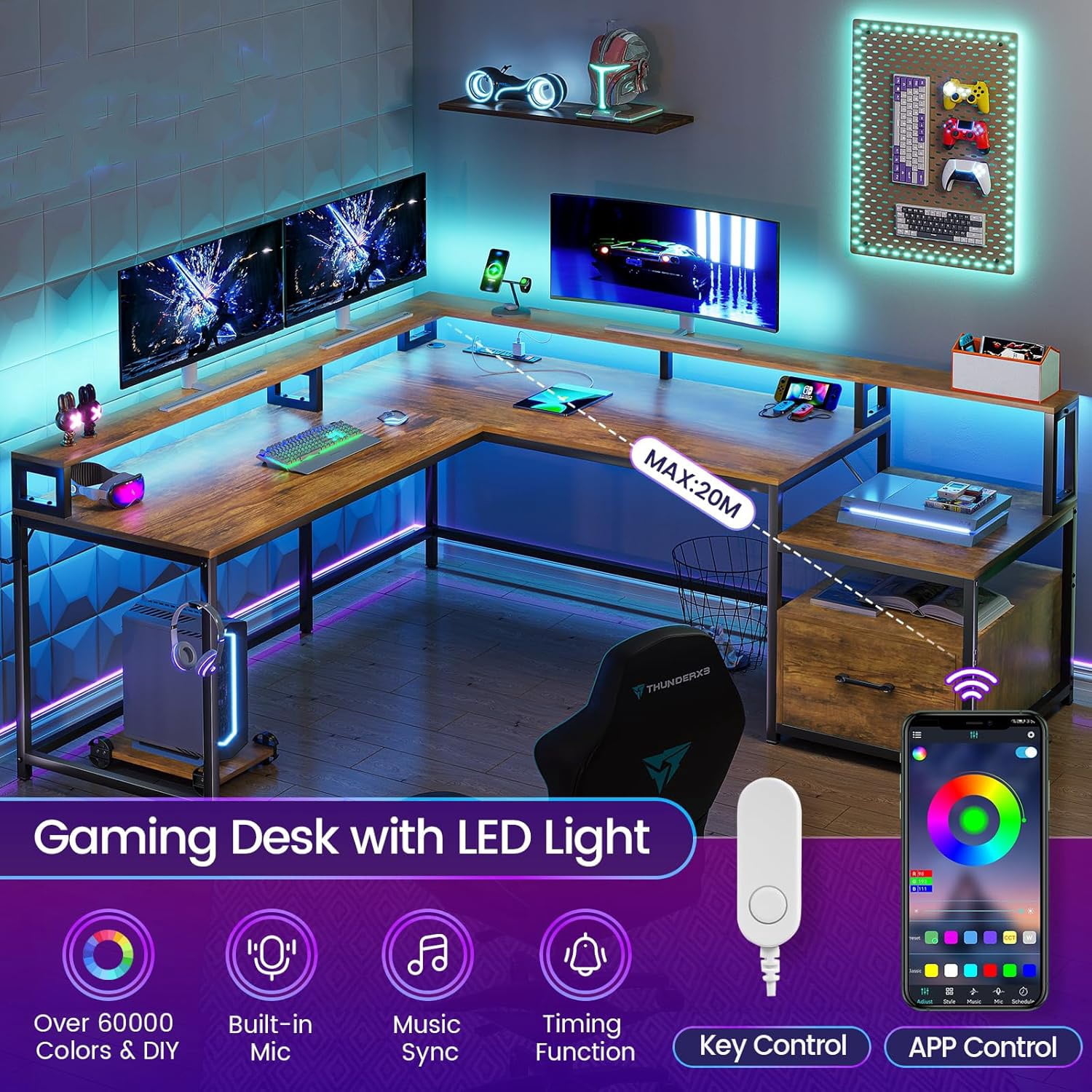 L-Shaped Office Desk with Drawers & Monitor Stand, Reversible Computer Desk with LED Lights & Charging Station, Rustic Brown