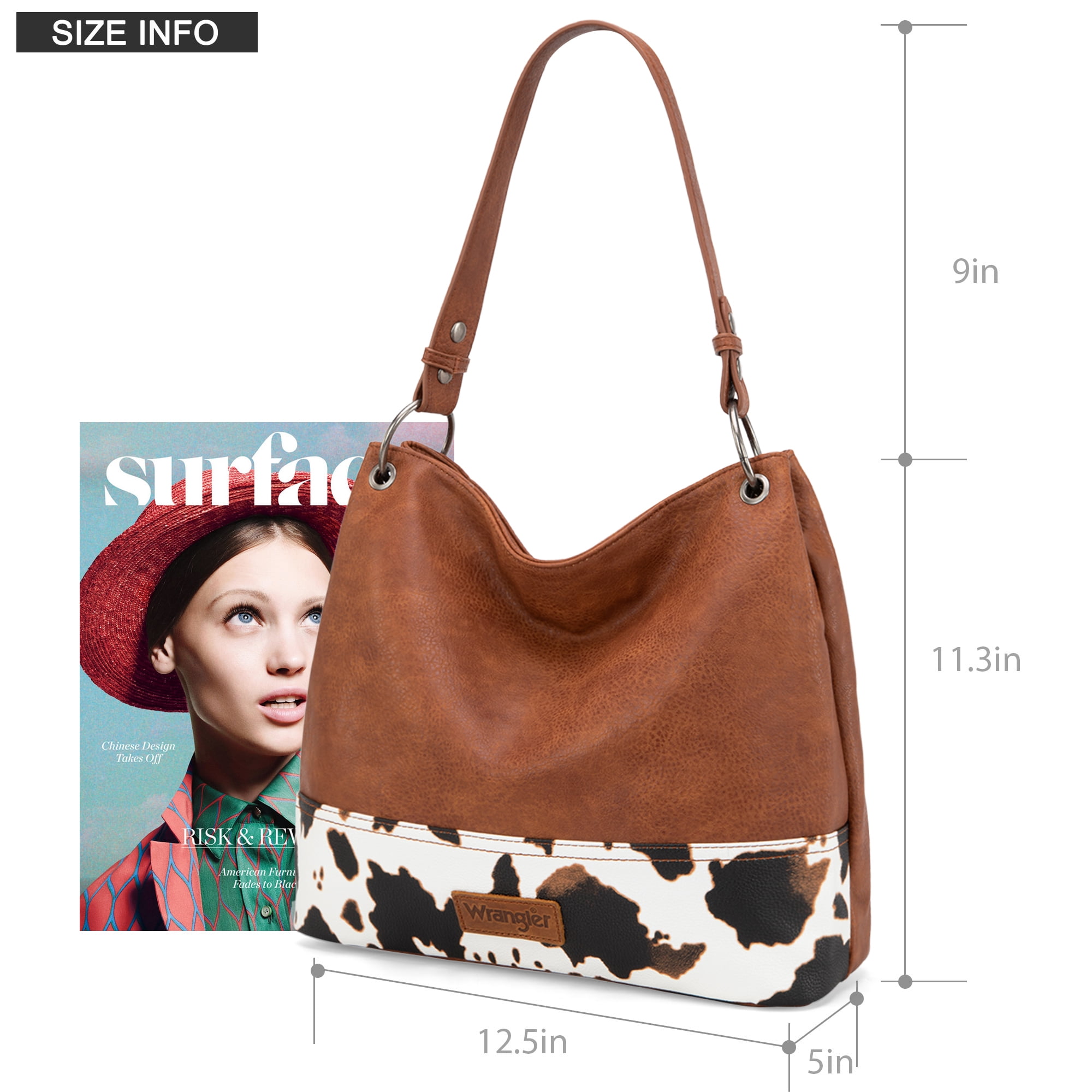 Wrangler Hobo Bags for Women Vegan Leather Top Handle Shoulder Purses and Handbags, Cow Print-Brown