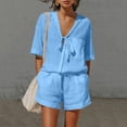 thumbnail image 2 of Linen Sets for Women 2 Piece Short Sleeve Tops and Wide Leg Shorts Summer Casual Fashion Beach Outfits Blue M, 2 of 7