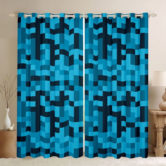 Feelyou Pixelated Blocks Miners Black Out Curtains, Blue Curtains Pack of 2 (42x63 Each)