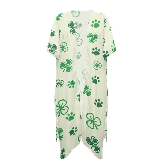 HELLHERO Four-Leaf Clover & Paw Print Kimono Cover-Up - Lightweight Breathable Beachwear for Summer Vacation & Poolside - Women's Loose Fit Swimsuit Cover