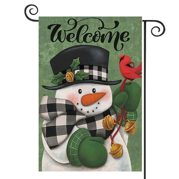 DMERBYL Home Decorative Welcome Winter Garden Flag, Merry Christmas Snowman House Yard Buffalo Plaid Check Cardinal Bird Decor, Xmas Outside Decorations Seasonal Outdoor Flag Double Sided 12 x 18