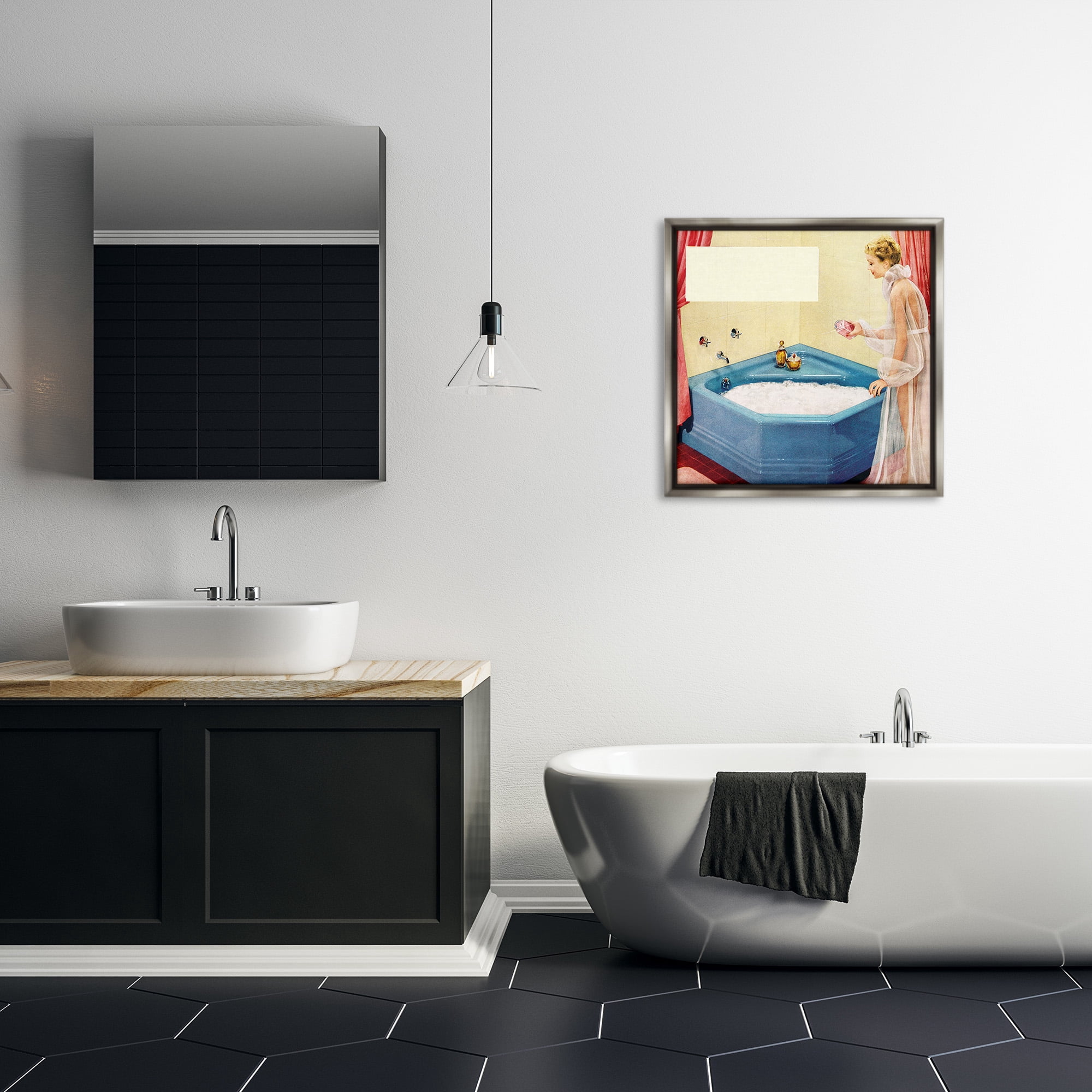 Stupell Industries Vintage Bubble Bath Girl Novelty Painting Gray Floater Framed Canvas Art Print Wall Art, 25 x 25