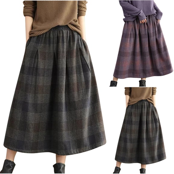 Dianli Skirt Plaid Women's Fall Winter Elastic High Waisted Plaid Midi A Line Skirt Wool Blend Warm Mid Length Autumn Casual Office Pleated Skirt Midi