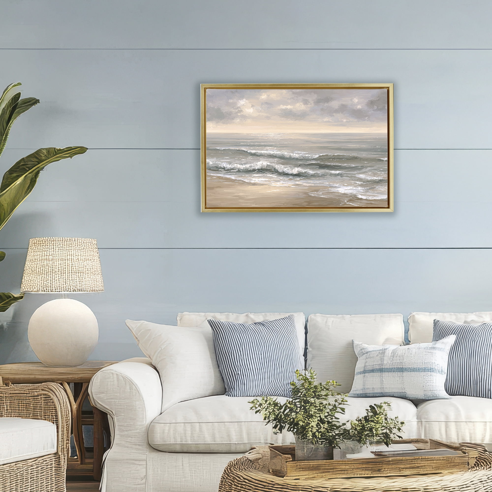 Stupell Industries Soft Rolling Beach Waves Gold Framed Floater Canvas Wall Art, design by Jacky Ngan