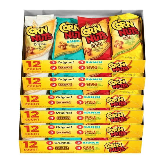 Corn Nuts Original, Ranch, BBQ, Chile Picante con Limon Crunchy Corn Kernels Variety Pack (12 Cases of 12 Bags)