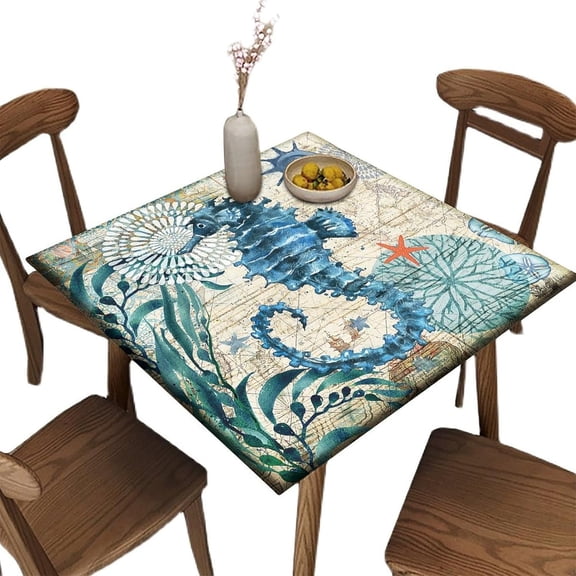 Blue Seahorse Square Tablecloth, Waterproof Fitted Table Cloth for Outdoor Picnic Indoor, Ocean Vintage Marine Life Print Wipeable Elastic Fabric Table Cover, Fits Tables up to 32" Square