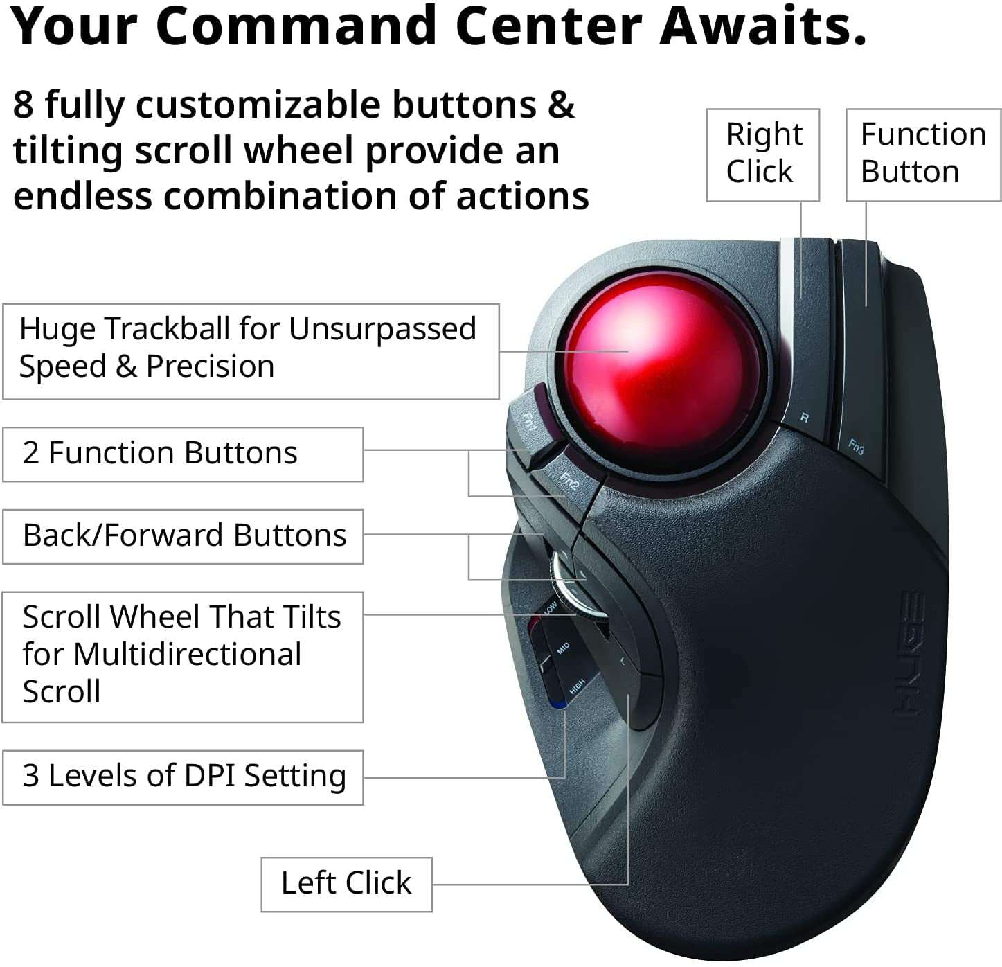 2.4GHz Wireless Finger-operated Large size Trackball Mouse 8-Button Function  with Smooth Tracking, Precision Optical Gaming Sensor Palm Rest Attached (M- HT1DRBK) 