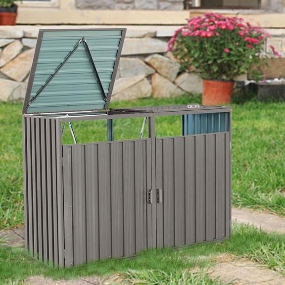 Garbage Bin Shed Stores 2 Trash Cans Metal Outdoor Bin Shed for Garbage Storage,Stainless Galvanized Steel, Bin Shed for Garden Yard Lawn