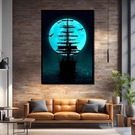 Mystical Pirate Ship Under Full Moon Or Art Print For Living Room UNFRAMED Poster, Wall Art for Decor, Present, 8x12