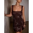 thumbnail image 6 of Brown Shiny Sequin Square Neck Mini Dress For Night Out Party Cocktail Formal Events, 6 of 7