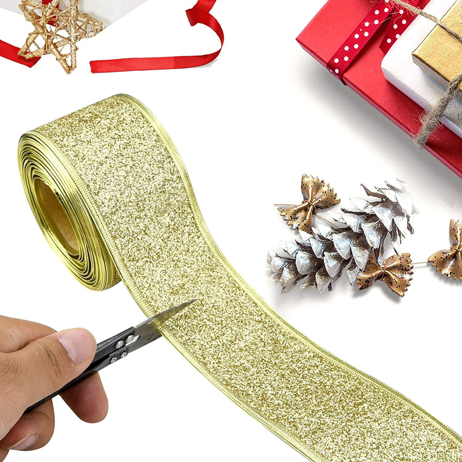 iOPQO 2PCS Room Decor Wide Shimmers Christmas Ribbon With Gold Wired Edge Glitter Metallic Gift Wrapping Ribbons For Xmas Gift Package Wrapping Winter Season Festival Diy Crafts Decor Home Decor