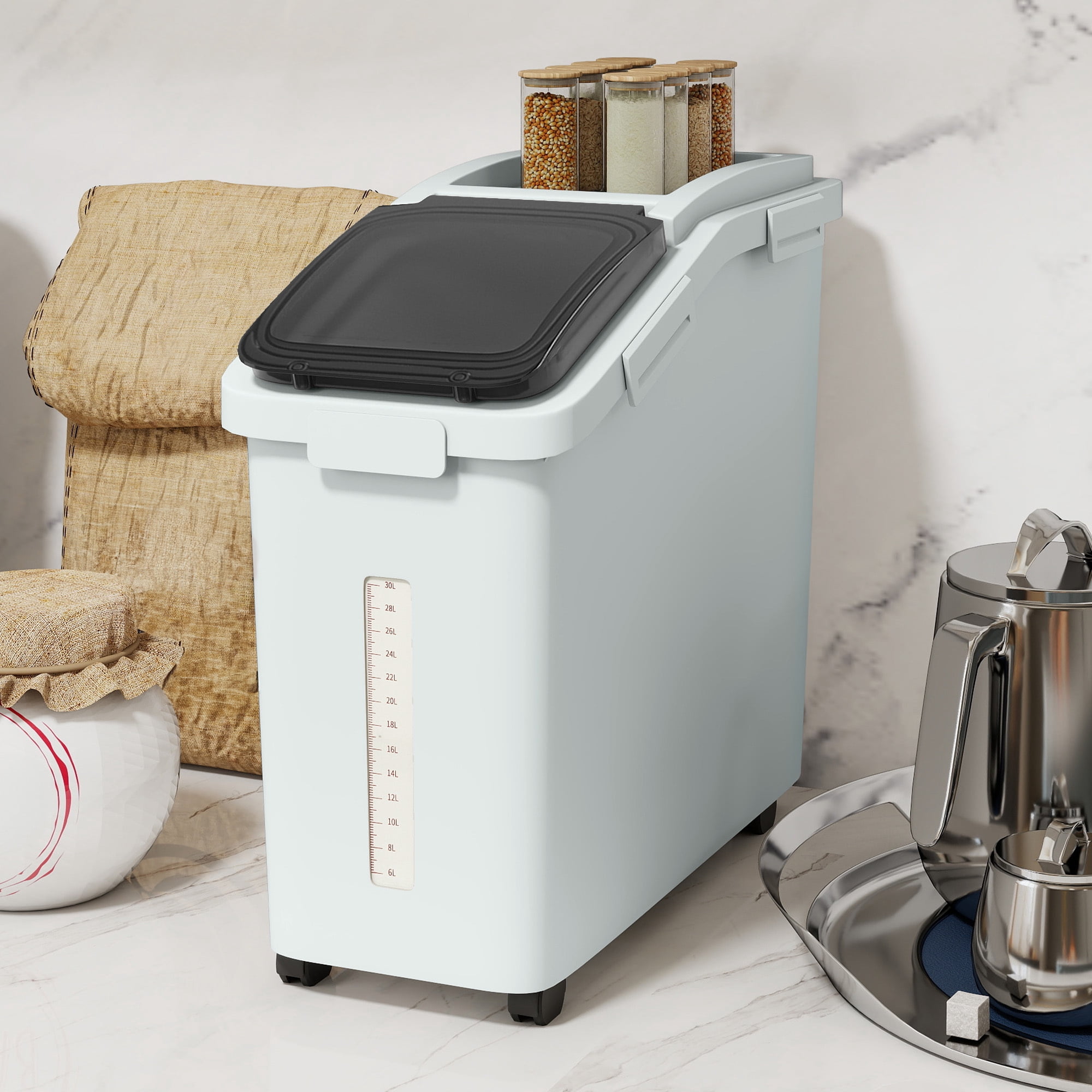 Uforic Ingredient Storage Bin, Large Commercial Rice Container with 11.4 Gallon Capacity, Bulk Flour Bin with Wheels, Scoop, Lid, and Scale for Kitchen, Grey