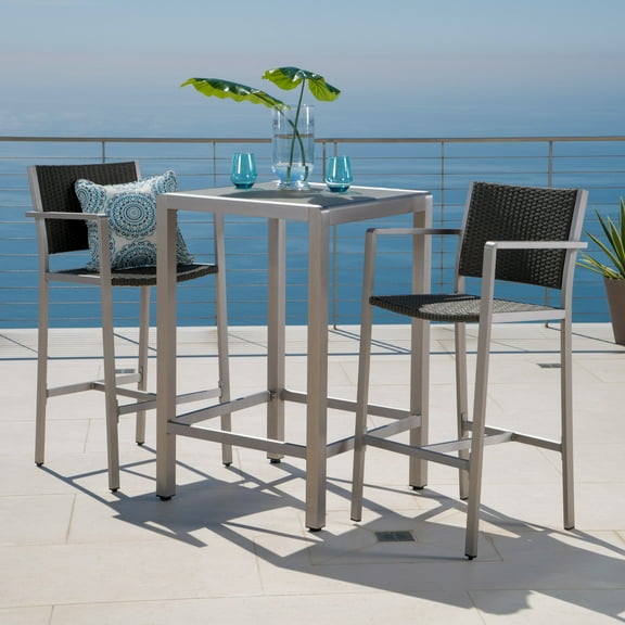 Miller Outdoor 3 Piece Wicker Bar Set with Glass Table Top, Grey
