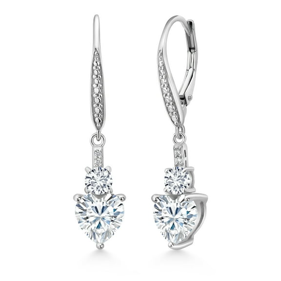 Gem Stone King 925 Sterling Silver White Moissanite and White Lab Grown Diamond Drop Dangle Earrings for Women (3.17 Cttw, Heart Shape 7MM, Round 4MM)