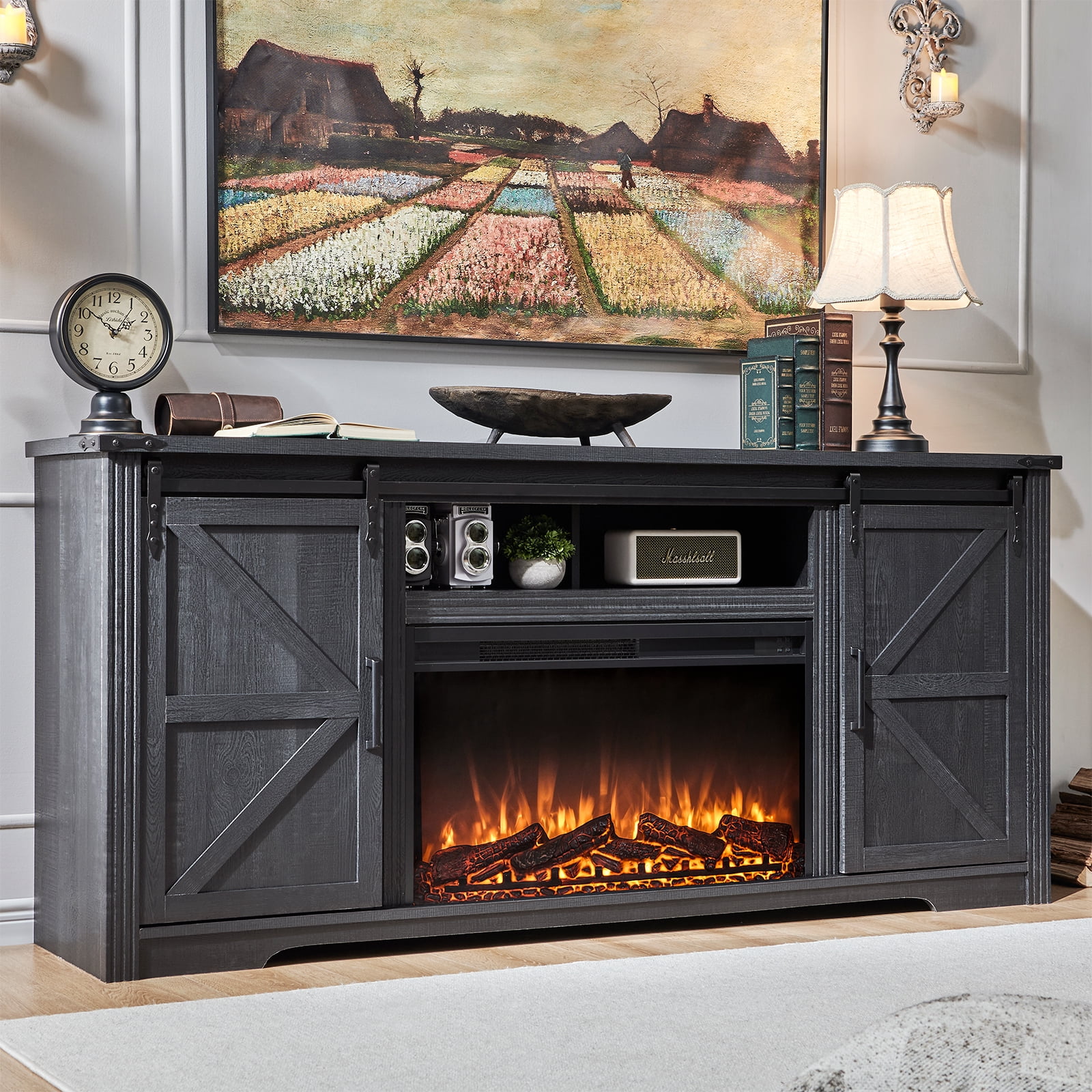 T4TREAM Farmhouse TV Stand for TVs up to 80", Entertainment Center with 30" Electric Fireplace and Sliding Barn Door&4 Drawers Storage Inside, Black