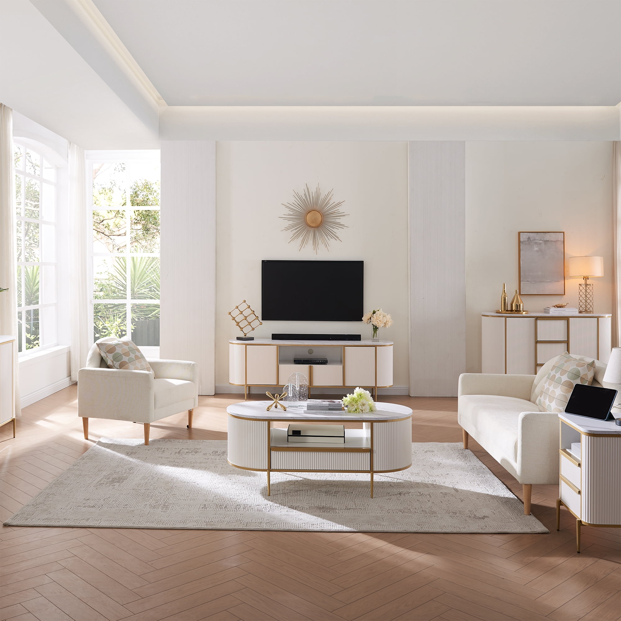 OKD 70" Modern Fluted TV Stand for TVs up to 80", Mid-Century Wooden Entertainment Center for Living Room, Off White