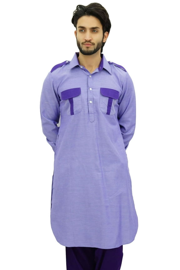 Men's Pathani Style Men's Long Kurta Lavender Punjabi Ethnic Shirt-3XL