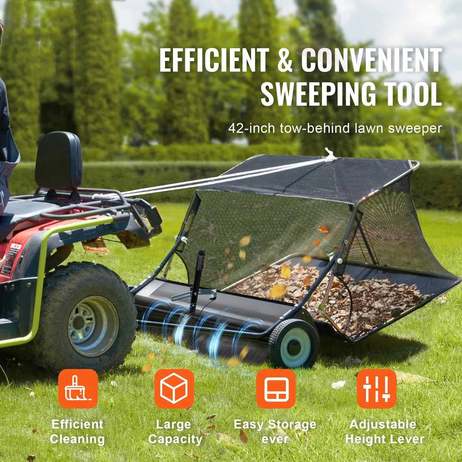 42 inch Lawn Sweeper Tow Behind, 12 cu.ft. Large Pull Behind Grass Sweeper, Heavy Duty Leaf & Grass Collector with Dumping Rope Design, Adjustable Sweeping Height for Picking Up Debris & Grass