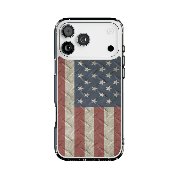 DistinctInk Hybrid Clear Case Compatible with MagSafe for iPhone 17 Pro Max- Patriotic US Flag on Steel Background