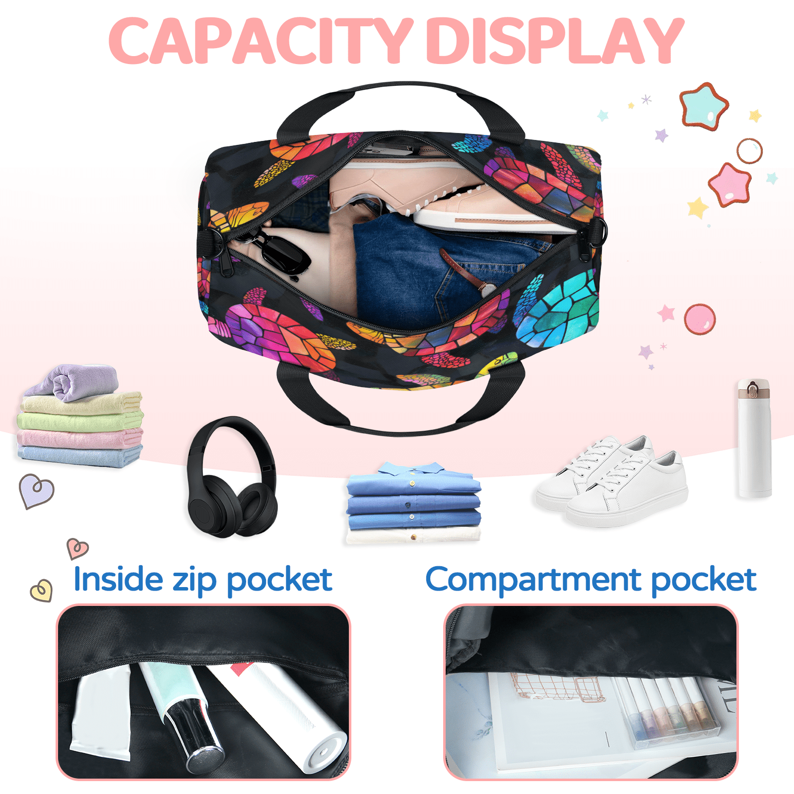 Herdesigns Turtle Travel Duffle Bag Sports Yoga Weekender Overnight Carry on Workout Bags Lightweight Waterproof Gym Tote Bag for Women Sea Turtle