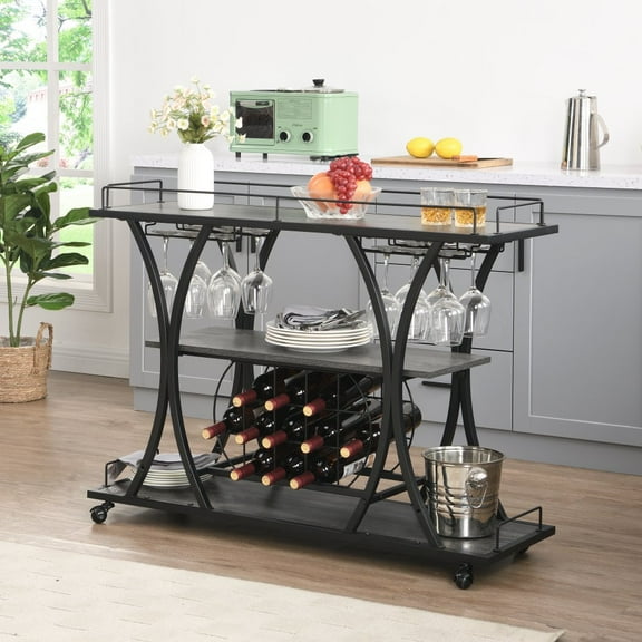 Hassch Industrial Bar Cart with Wine Rack, Movable Kitchen Serving Cart, 3-Tiers Storage Shelf, Black