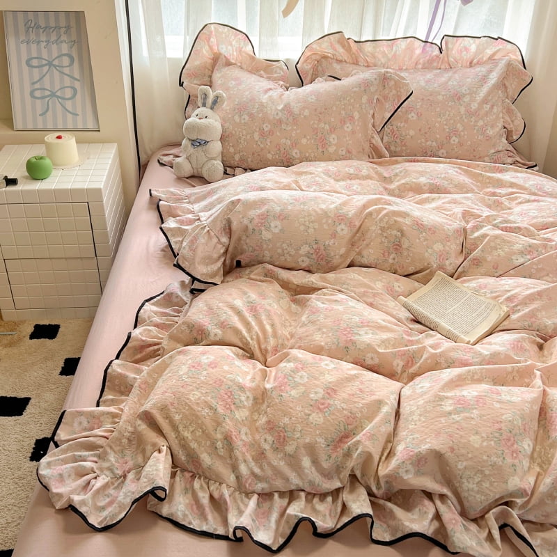 Floral Ruffle Duvet Cover Set Twin Size Pink Flowers Black Edge Bedding Duvet Cover with Zipper Closure Reversible Comforter Duvet Cover and 2 Pillowcases