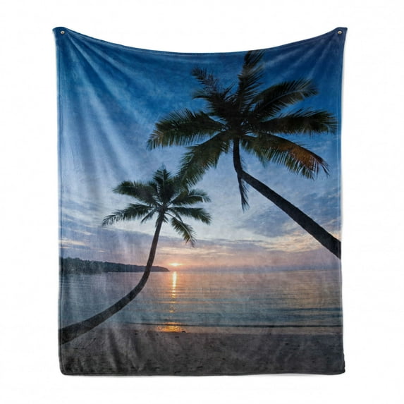 Tropical Soft Flannel Fleece Throw Blanket, Sunset over Ocean Calm Exotic Beach in Kut Island Thailand Summertime, Cozy Plush for Indoor and Outdoor Use, 70" x 90", Blue Black Pale Pink, by Ambesonne