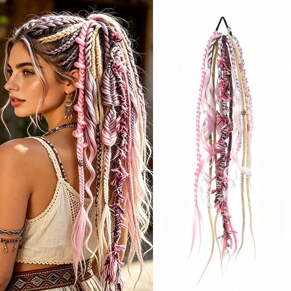 Elastic Dread Ponytail, 24 Inch Boho Braided Dreadlock Hair Extension with Beads and Shells, Handcrafted Viking Hairpiece for Women Cosplay Travel Music Festival
