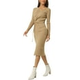 thumbnail image 4 of INSPIRE CHIC Women's Fall Winter Long Sleeve V Neck Ruched Drawstring Waist Side Slit Knit Bodycon Midi Sweater Dresses Khaki M, 4 of 6