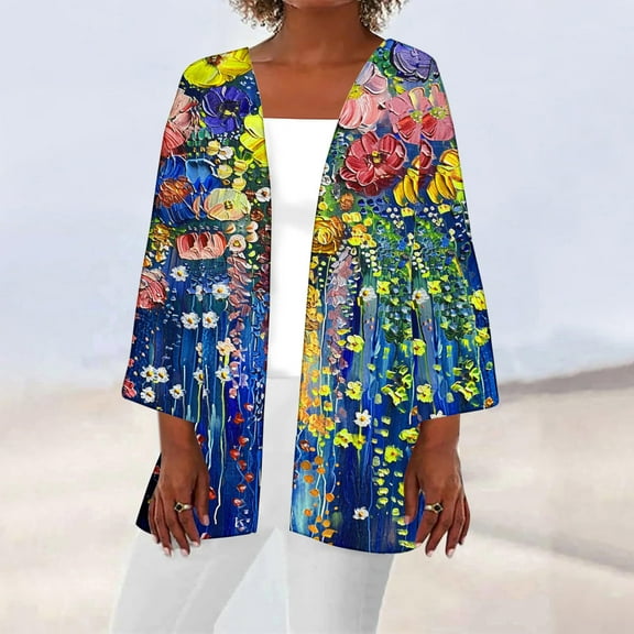 Babysbule Women's Tops, Jackets& Coat Women's Casual 3/4 Sleeve Print Loose Shirt Tops Cardigan