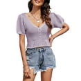 thumbnail image 1 of Jersey de mujer, Top corto de punto para mujer, cuello en V, manga corta, espalda abierta, Tops casu Abanopi Morado claro/Grande, 1 of 5