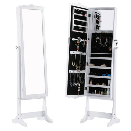 Jewelry Cabinets With Mirror Lockable Carved Jewelry Armoire with LED Lights and Full-Length Mirror Wall Door Mounted Cabinet Organizer ()