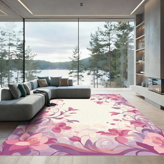 ODIKA 4'x6' Machine Washable Non-Slip Area Rug, Art Nouveau Pink High Traffic Rug, Pink, 1082315