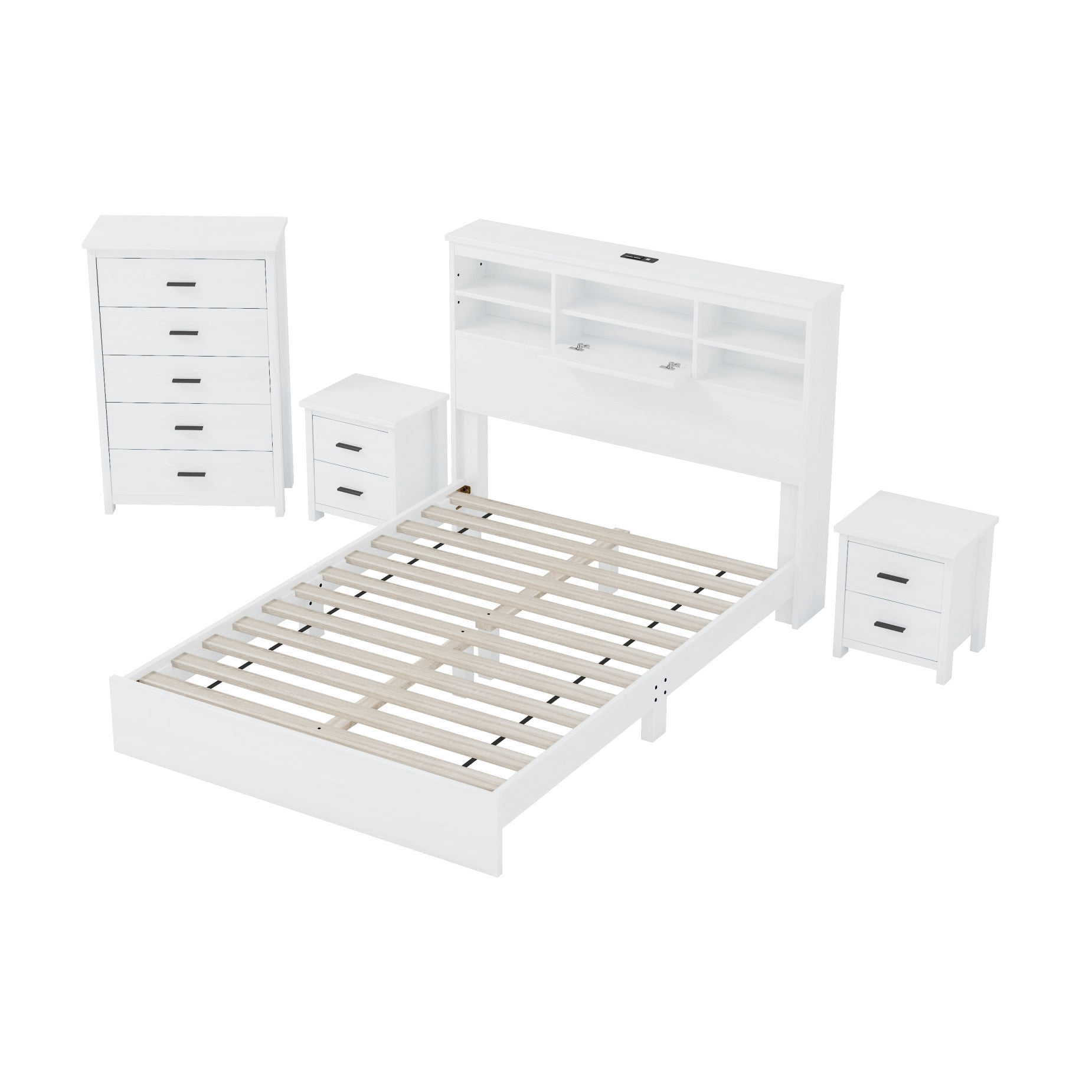 4-Pieces Queen Size Bedroom Set, Vintage Platform Bed Frame with Storage Headboard, USB Charging Port & 1x Dresser Cabinet 5 Drawers & 2 x Nightstands, No Box Spring Needed, White