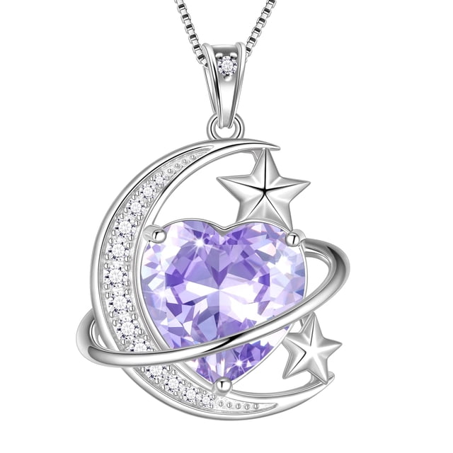 Juwaliy 13 Mm Collar de Mujer Moon y Estrella Corazón Piedra de Nacimiento de Junio Dije Celestial de Plata Esterlina 925 Joyería de Alejandrita Morada Regalo de Navidad Cumpleaños San Valentín para
