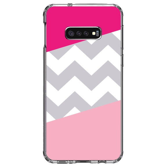 DistinctInk Clear Shockproof Hybrid Case for Samsung Galaxy S10e (5.8" Screen) - TPU Bumper, Acrylic Back, Tempered Glass Screen Protector - Hot Pink Block Grey Chevron - Stripes Pattern