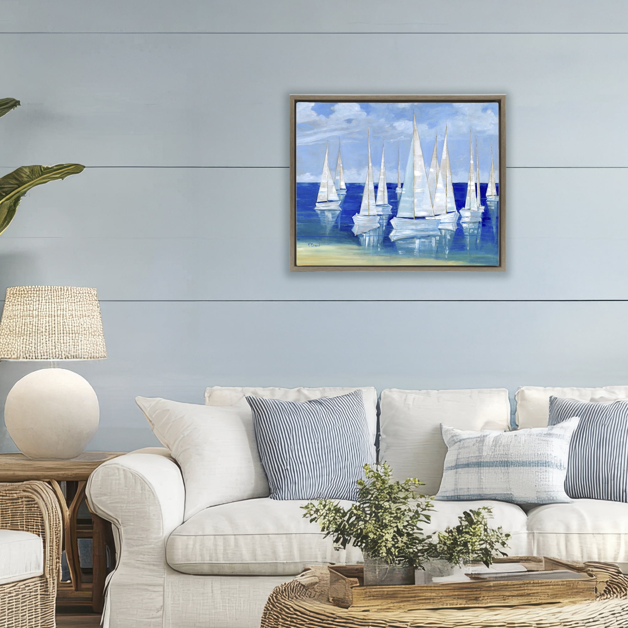 Stupell Industries Blanco Beach Sailboats Brown Framed Floater Canvas Wall Art, design by Paul Brent