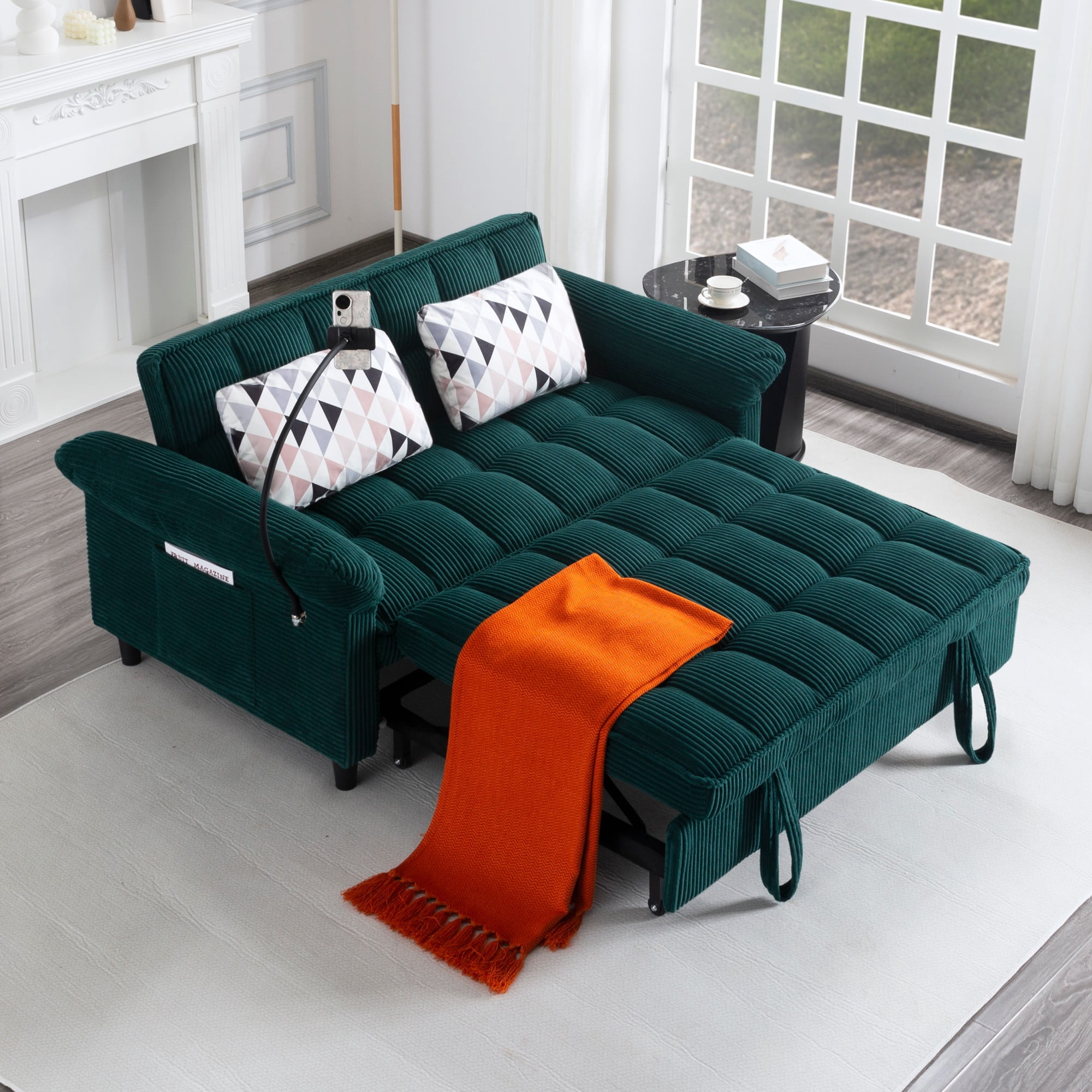BSHTI 58.27" Corduroy Convertible Sofa Bed with Pull Out Sleeper, 3-Position Backrest, Storage Pocket for Living Room Guest Room, Black（Green）
