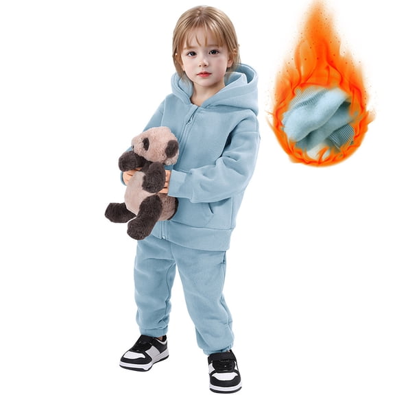 Fesfesfes Kids 2 Piece Hooded Sweatshirt and Sweatpants Set Long Sleeve Fleece Lined Outfit for Boys and Girls Cozy Casual Playwear Everyday Fall Winter Clothes(Blue,4-5 Years)
