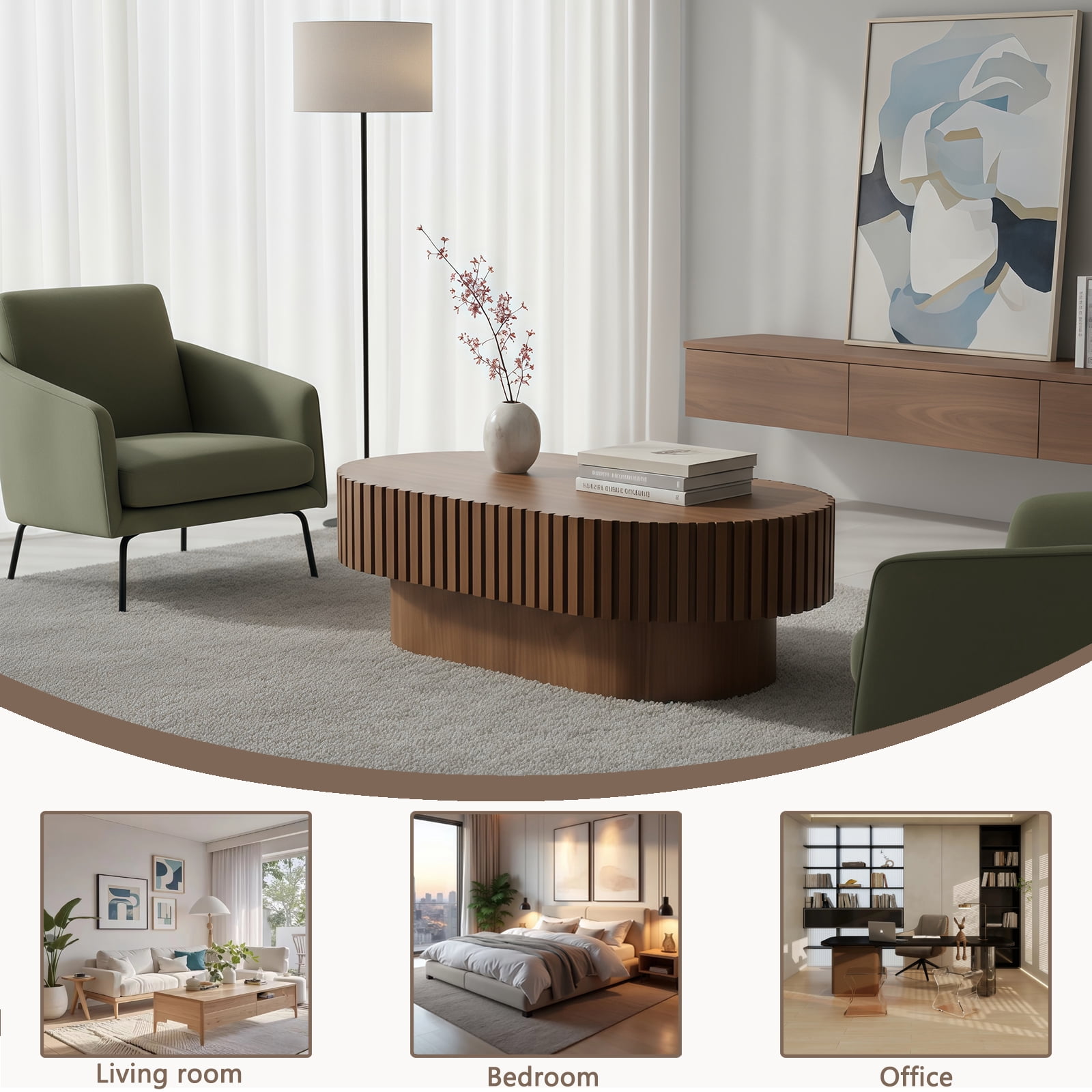 Miniyam Oval Wood Coffee Table with Fluted Design, Walnut Finish Modern Center Table for Living Room, Apartment or Office